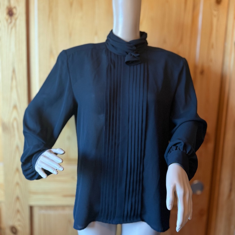 Vintage Erena by Irene Koenig Black Blouse Top Size 12 Pleats Classic High Neck